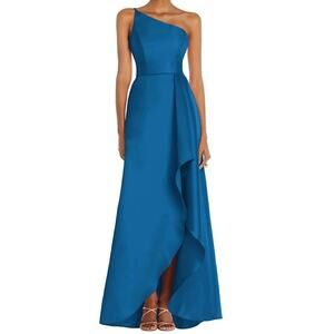 Alfred Sung Blue One Shoulder Elegant Satin High Low Prom Gown 6 NWOT MSRP $252